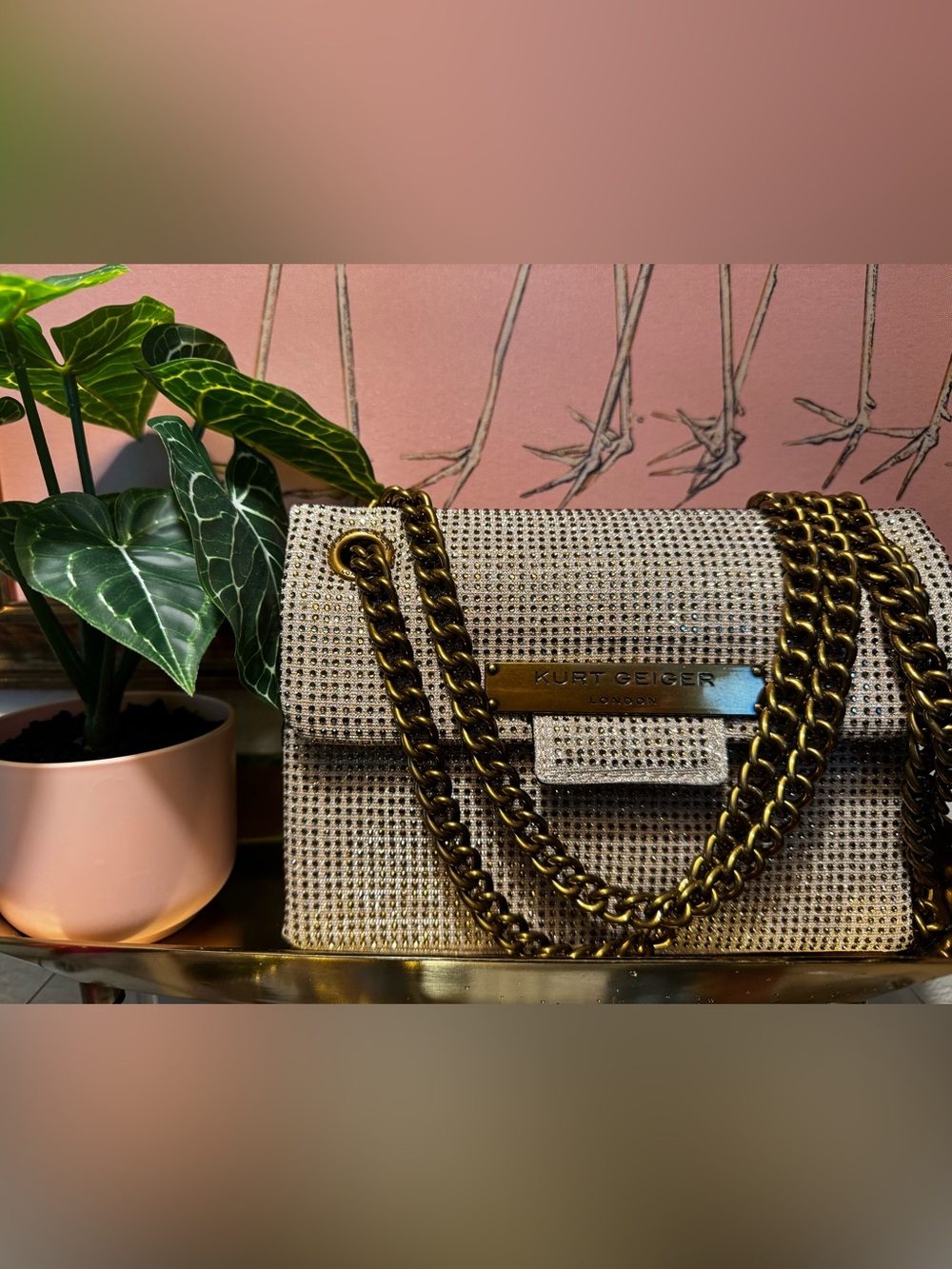 Kurt Geiger London Crystal Kensington Crossbody Bag Rhinestone Chain EUC